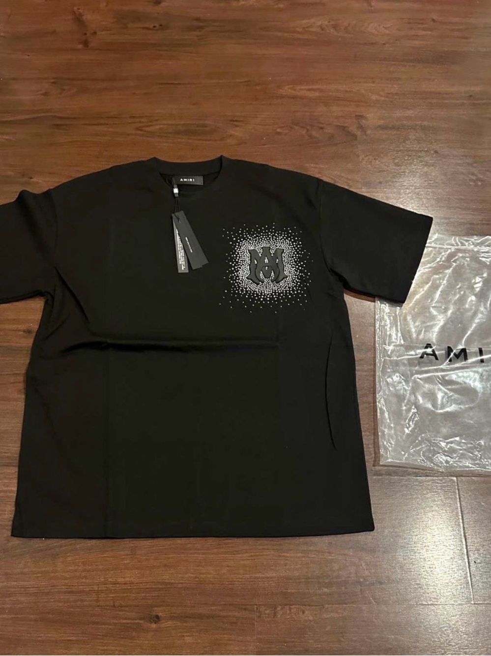 AMIRI Black Short-Sleeve Tee with White Speckled Logo Patch